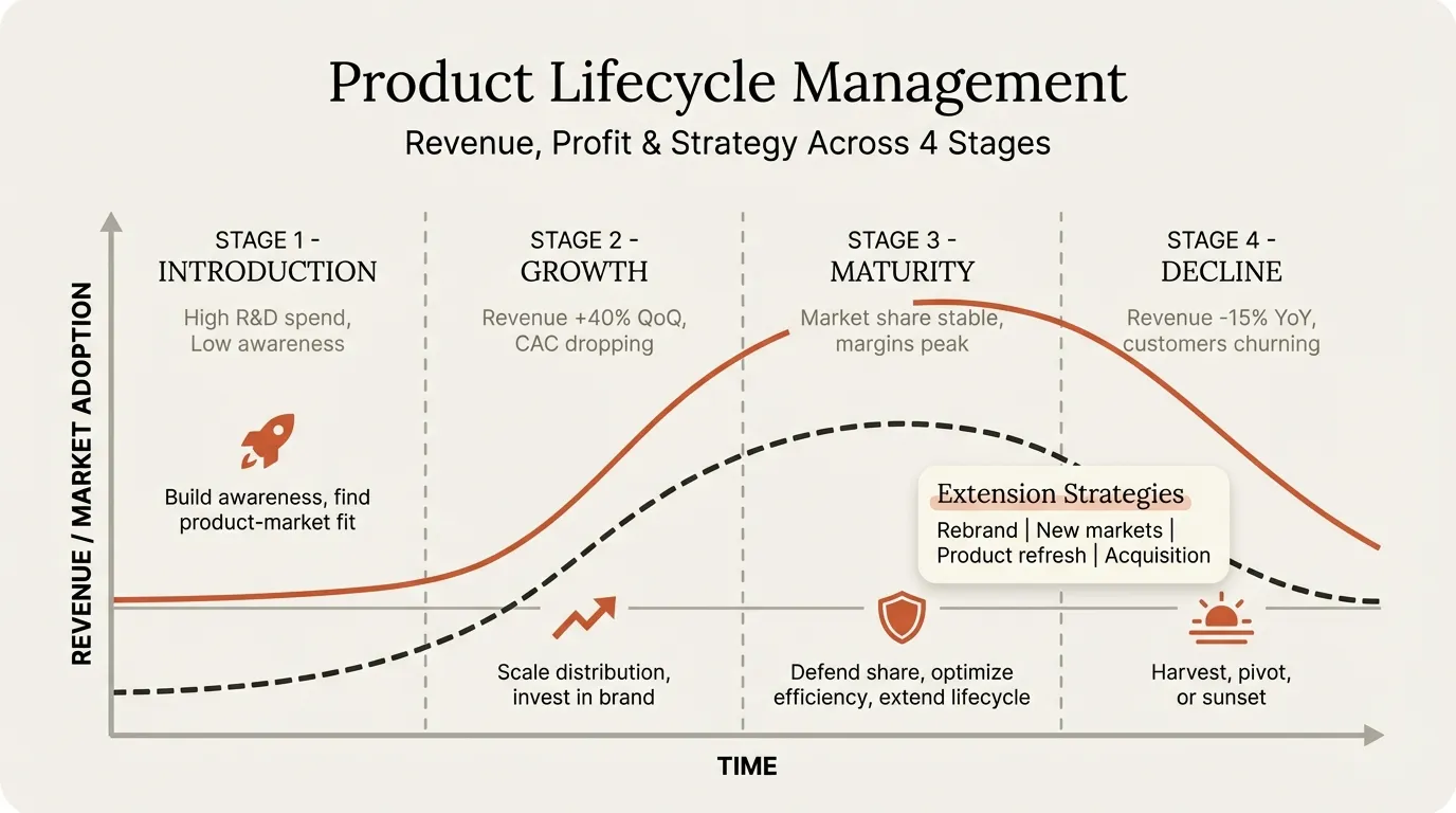 Product lifecycle management showing the four stages with strategic actions