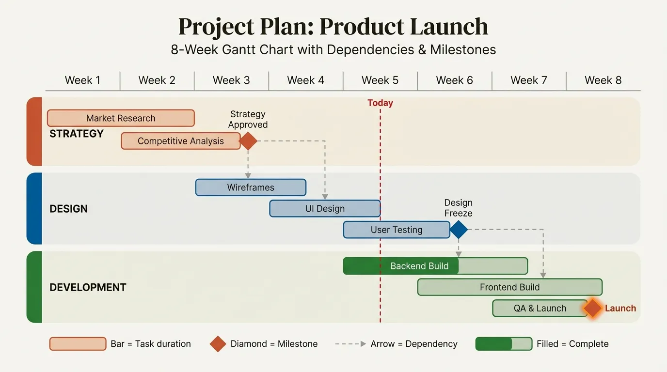 Project plan example showing Gantt chart with tasks, dependencies, and milestones