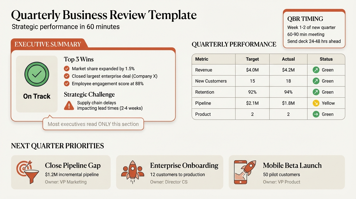 Quarterly business review template showing executive summary, KPI dashboard, and strategic priorities for next quarter