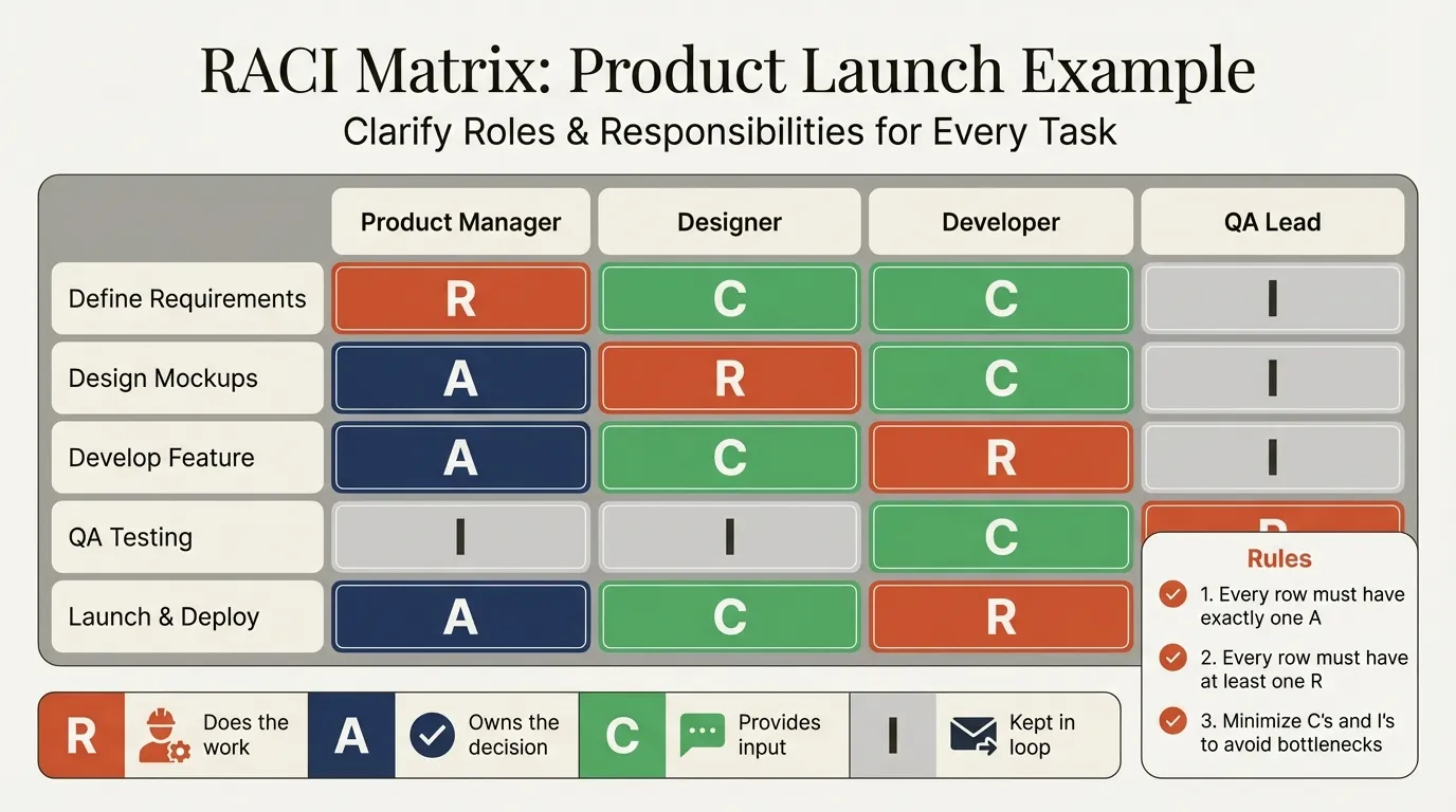 RACI matrix example showing roles and responsibilities across project tasks
