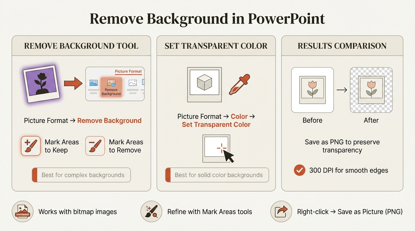 Remove background PowerPoint infographic showing Picture Format menu, Remove Background tool, and Mark Areas controls