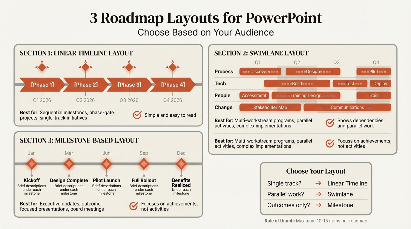 Roadmap slide infographic showing different timeline layout options