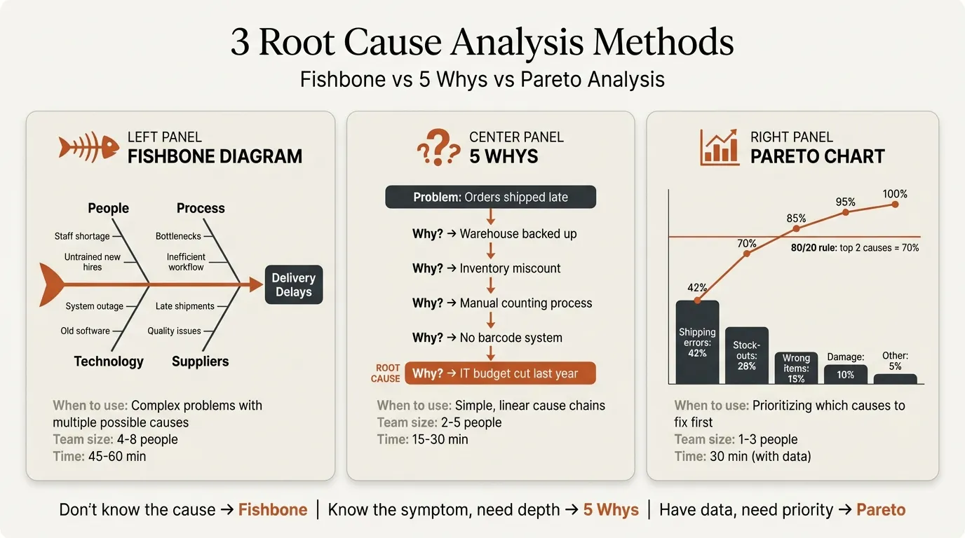 Root cause analysis examples showing fishbone diagram, 5 Whys, and Pareto chart methods