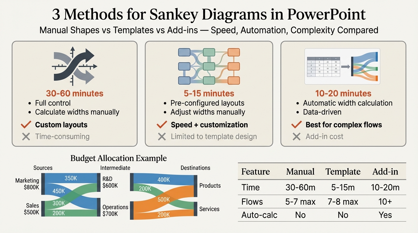 Sankey diagram in PowerPoint showing three creation methods