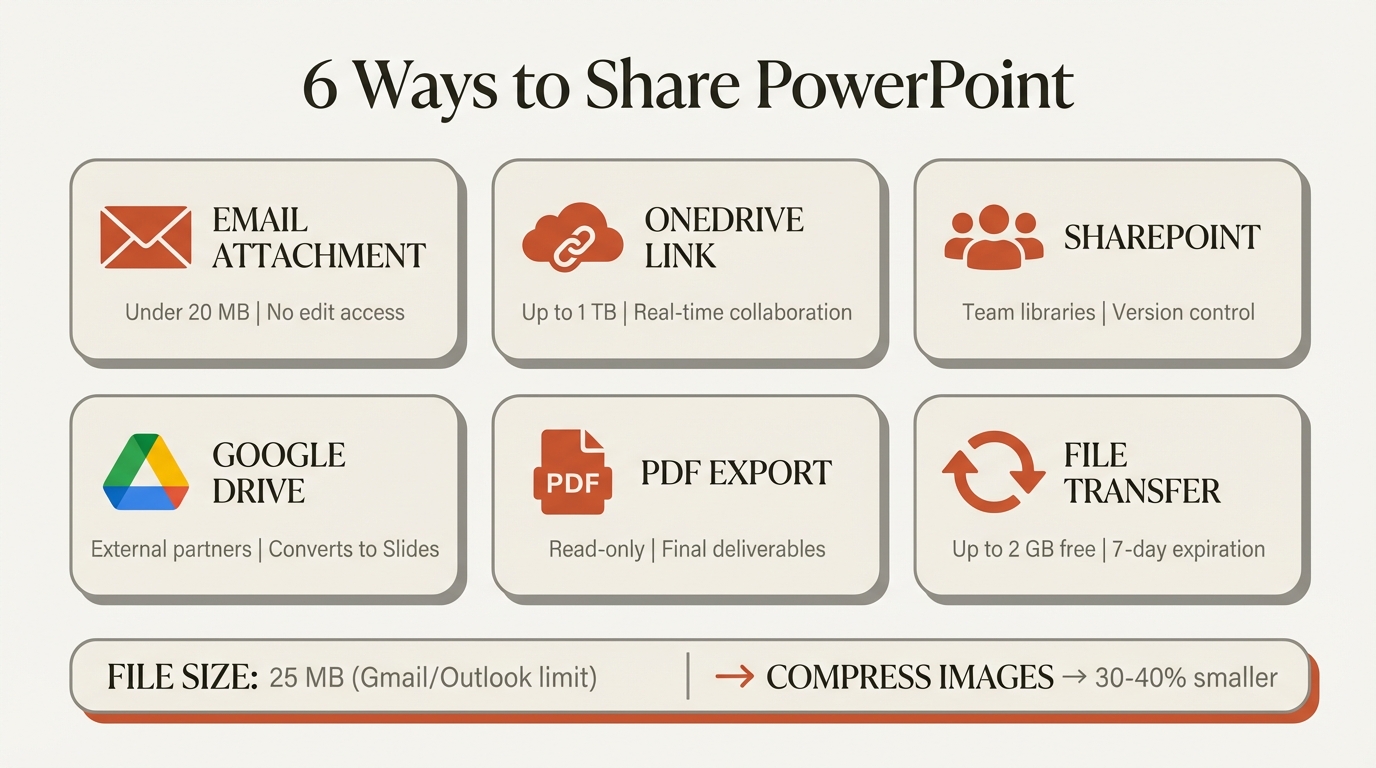 Share PowerPoint infographic showing email attachment, OneDrive link sharing, SharePoint permissions, and file size compression methods