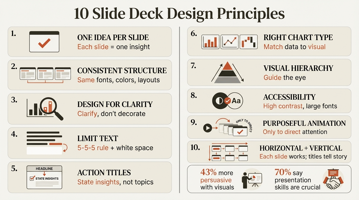 Slide deck design infographic showing the 10 core principles for effective presentation design