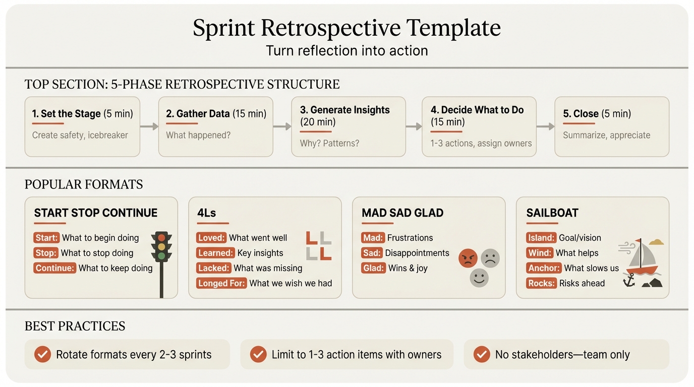 Sprint retrospective template showing formats, questions, and action planning process