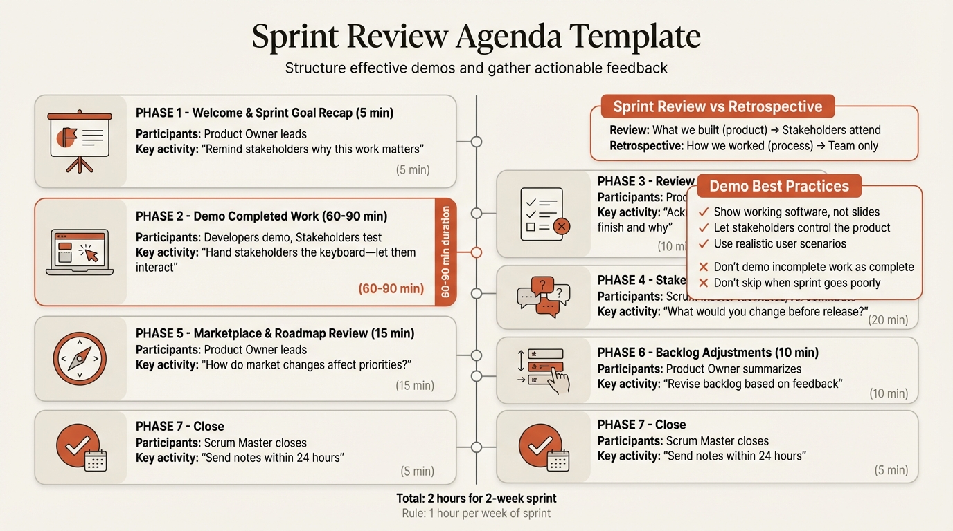Sprint review template showing agenda structure, demo format, and stakeholder feedback process