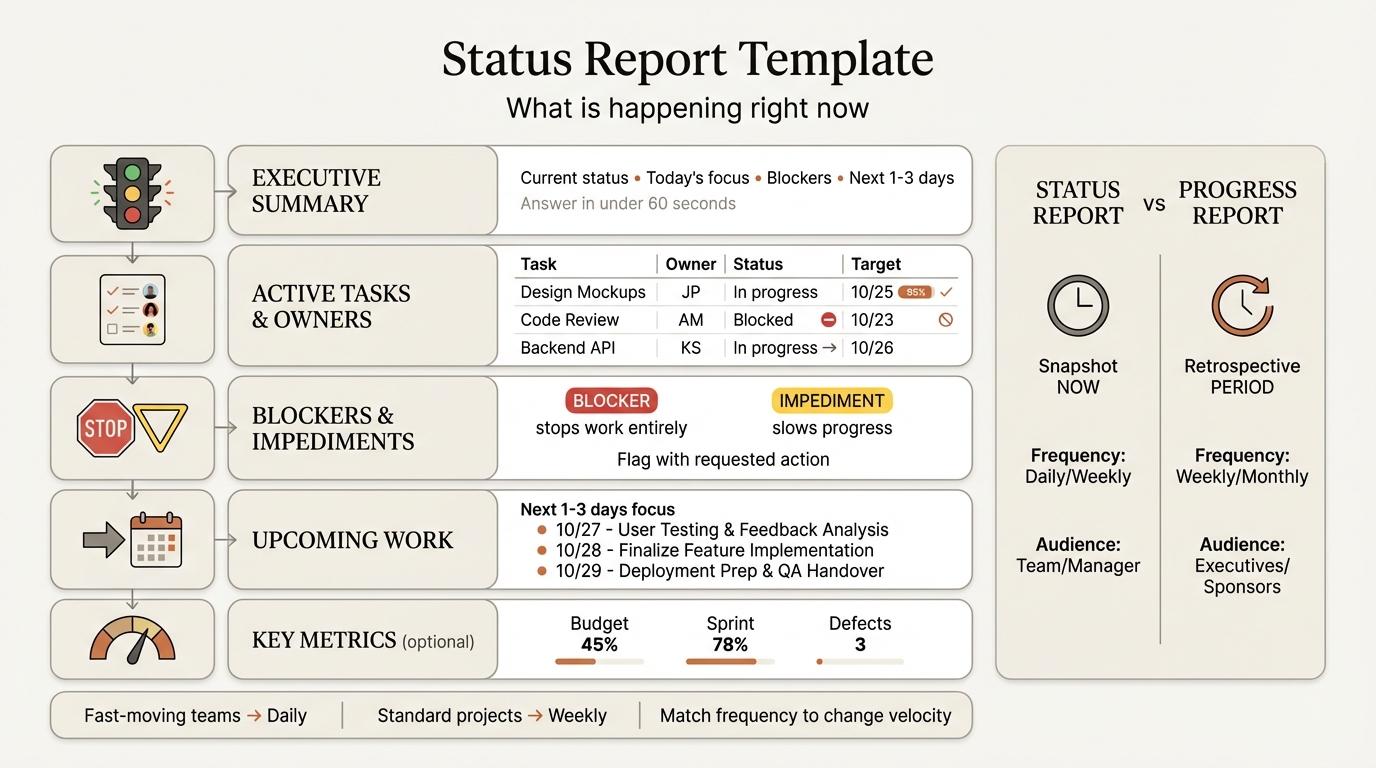 Status report template showing current project status, active tasks, and blocker tracking with visual indicators