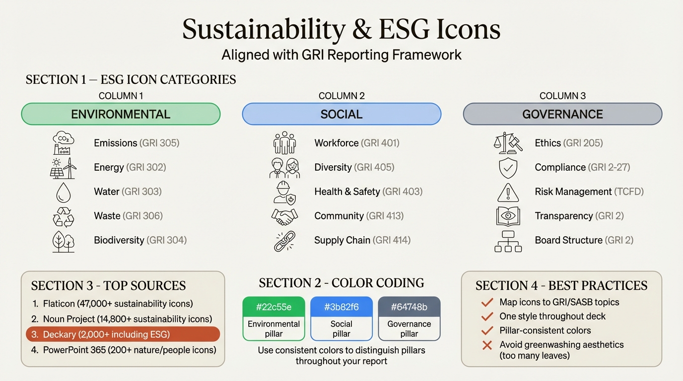 Sustainability and ESG icon categories for presentations