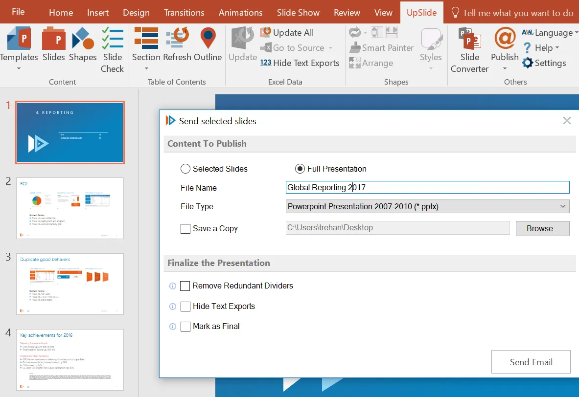 UpSlide Excel linking interface for PowerPoint