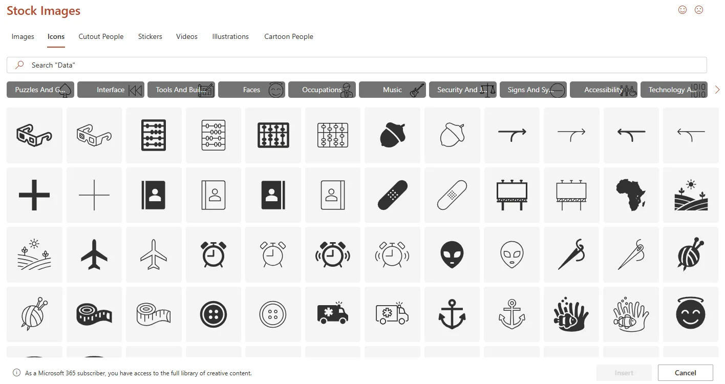 PowerPoint Icons dialog window showing icon library
