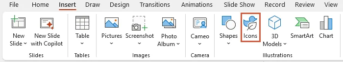 PowerPoint Insert tab showing Icons button in the ribbon