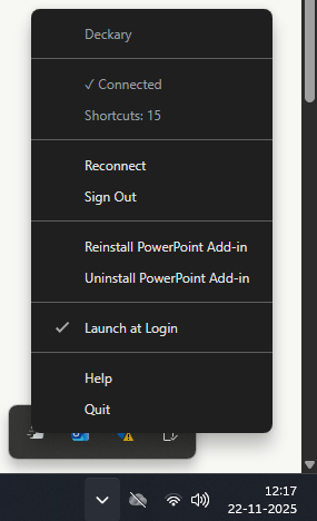 Deckary system tray on Windows